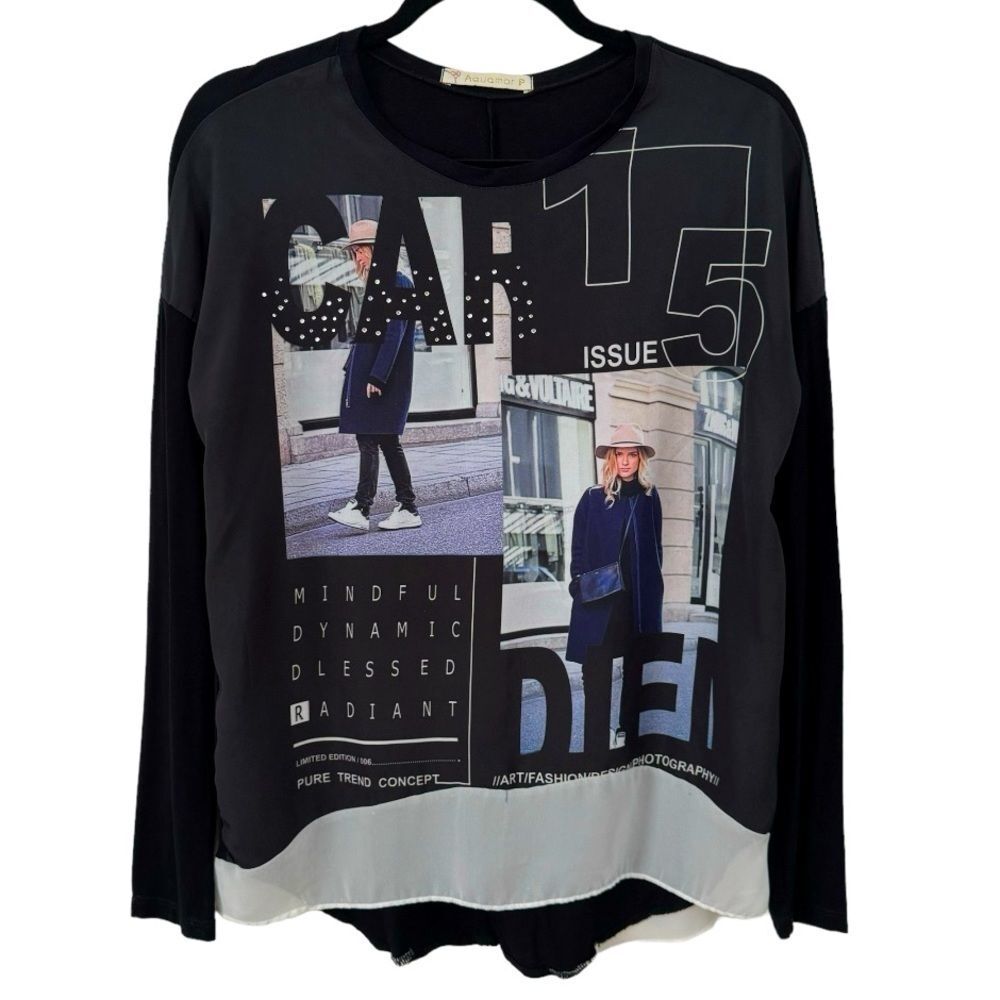 Aquamar Graphic Layered Black Blouse Size Small
